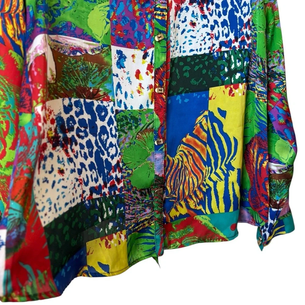 Alberto Makali Colorful Animal Print Patch Blouse Sz M Ruffle Back - Picture 6 of 10